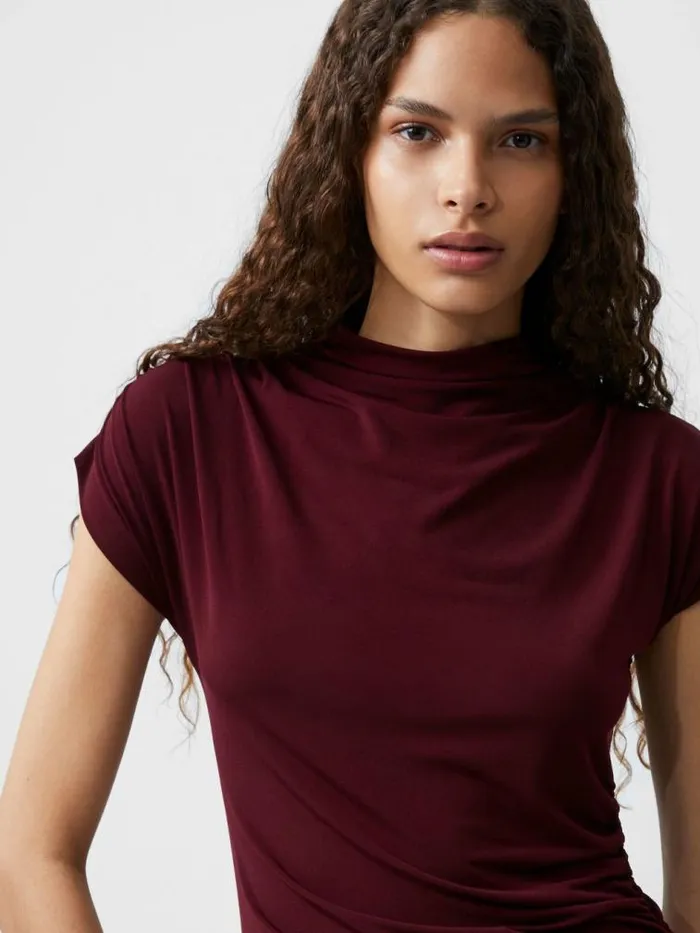 French Connection Draped Samira Mock Neck Dress Burgundy Red Women Dresses