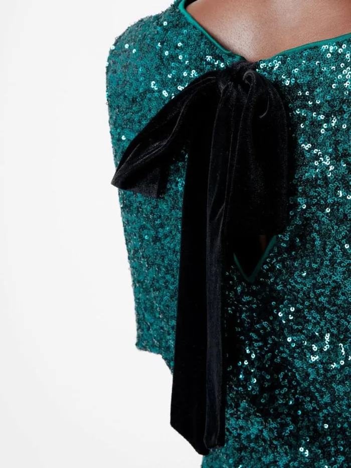 French Connection Elena Sequin Bow Back Mini Dress Forest Women Dresses