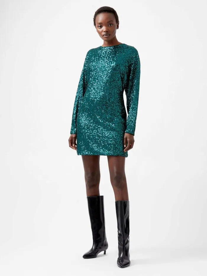 French Connection Elena Sequin Bow Back Mini Dress Forest Women Dresses