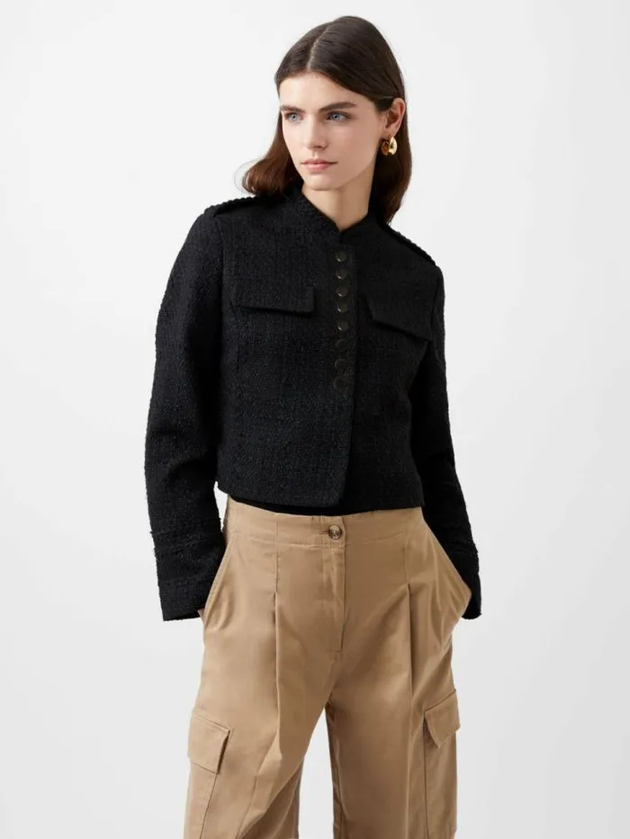 French Connection Felice Tweed Military Jacket Blackout Women Coats and Jackets