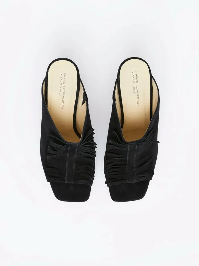 French Connection Flora Fringed Mules Black Women Shoes