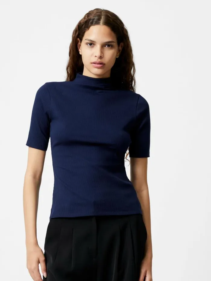 French Connection Grown On Turtleneck Ribbed Top Midnight Women Tops