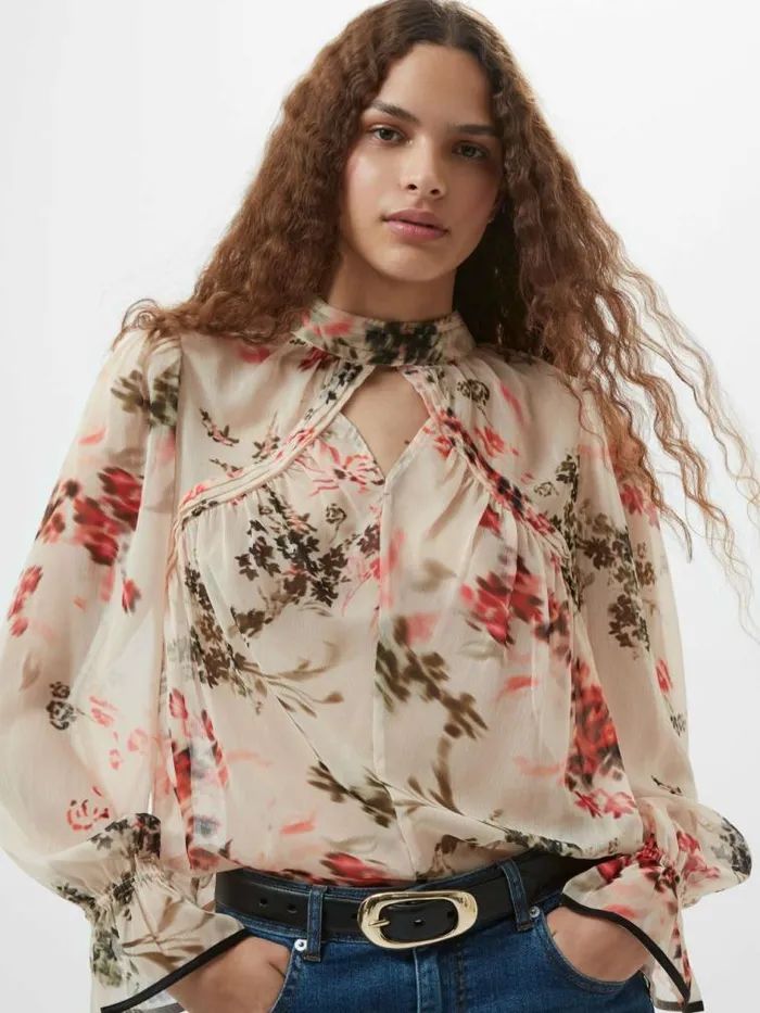 French Connection Hallie Crinkle Contrast Floral Top Creamscarlet Red Multi Women Tops