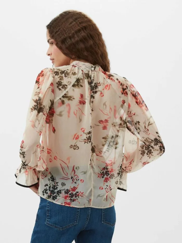 French Connection Hallie Crinkle Contrast Floral Top Creamscarlet Red Multi Women Tops