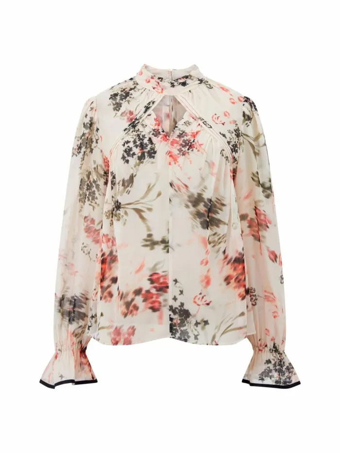 French Connection Hallie Crinkle Contrast Floral Top Creamscarlet Red Multi Women Tops