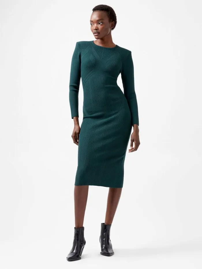 French Connection Kairi Rib Long Sleeve Midi Dress Forest Women Dresses