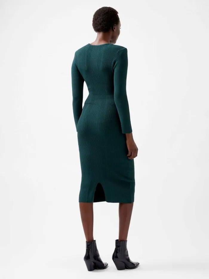 French Connection Kairi Rib Long Sleeve Midi Dress Forest Women Dresses