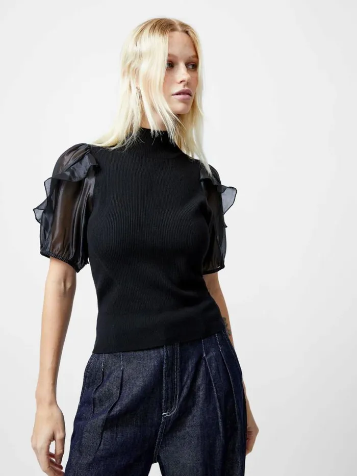 French Connection Kristine Organza Short Puff Sleeve Top Black Women Tops