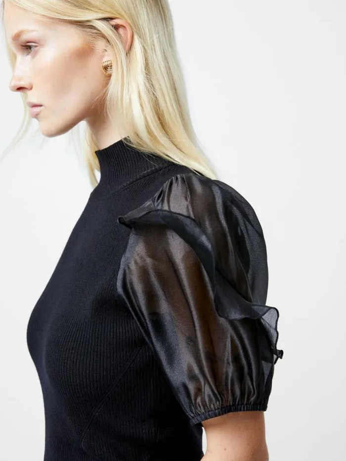 French Connection Kristine Organza Short Puff Sleeve Top Black Women Tops