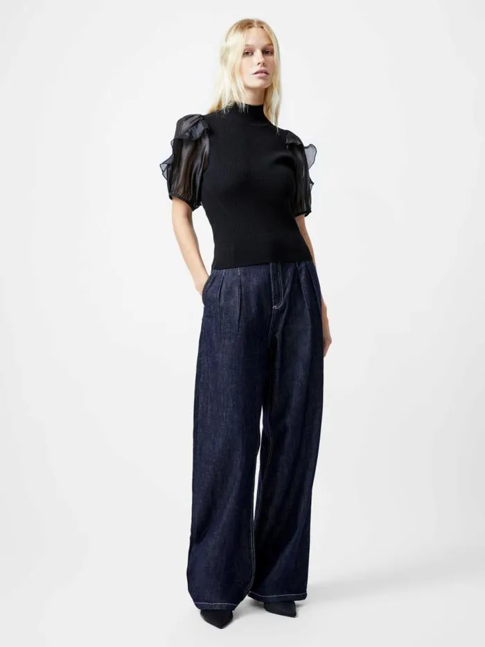 French Connection Kristine Organza Short Puff Sleeve Top Black Women Tops