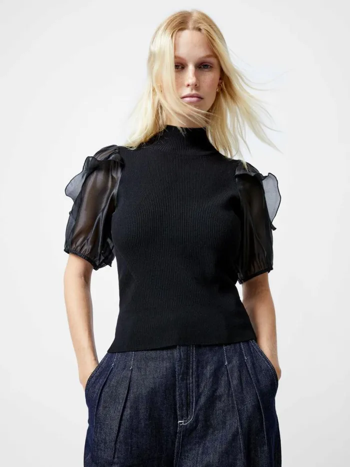 French Connection Kristine Organza Short Puff Sleeve Top Black Women Tops