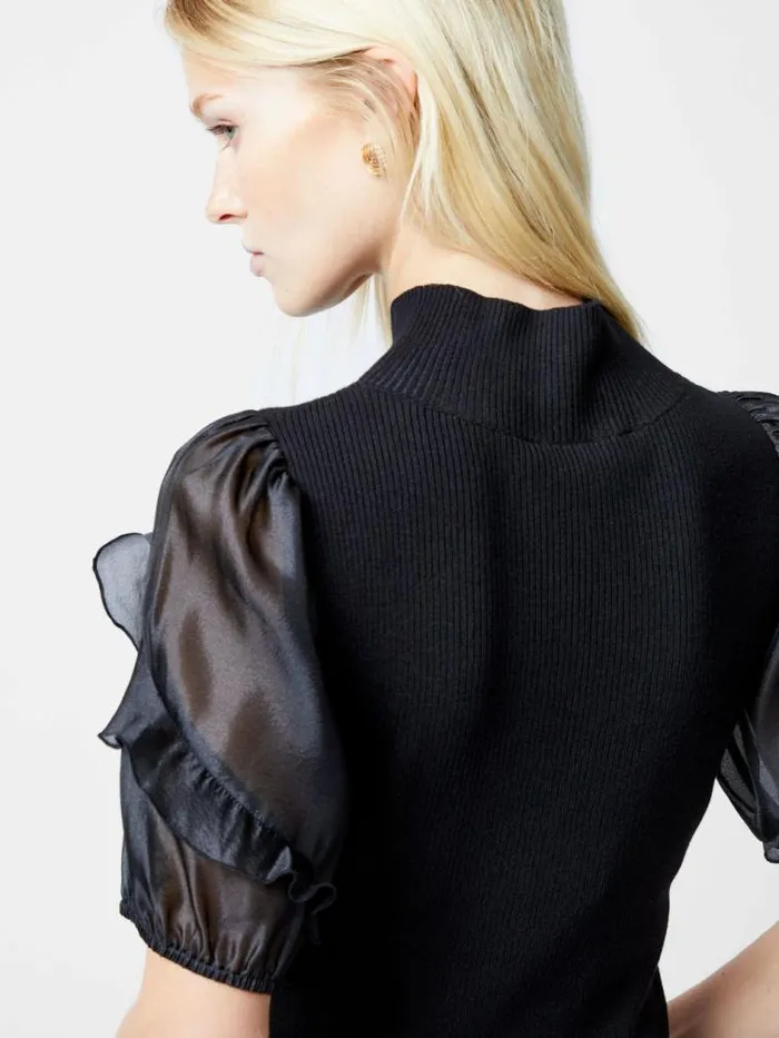 French Connection Kristine Organza Short Puff Sleeve Top Black Women Tops