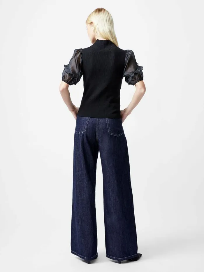 French Connection Kristine Organza Short Puff Sleeve Top Black Women Tops