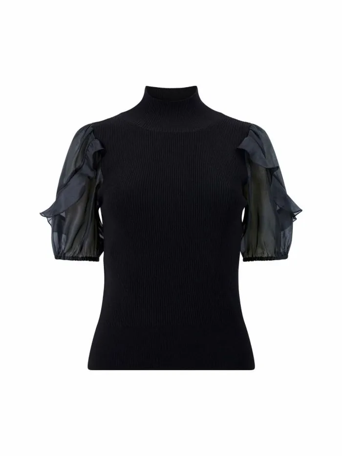 French Connection Kristine Organza Short Puff Sleeve Top Black Women Tops
