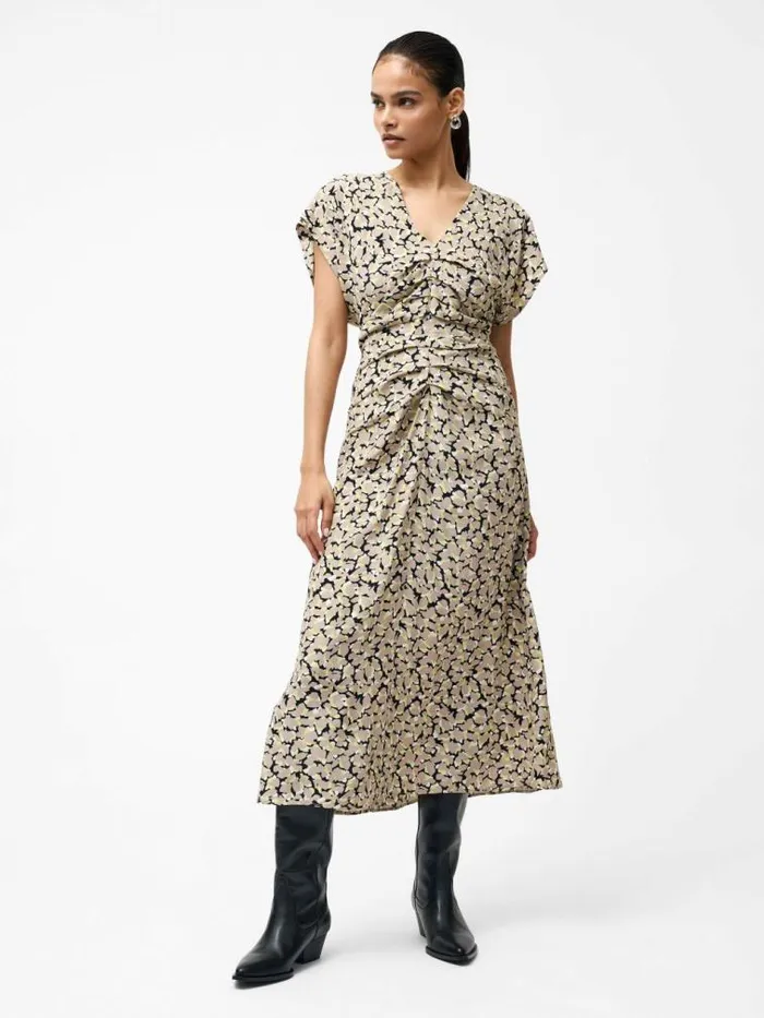 French Connection Lillian Eco Draped Front Midi Dress Golden Olive Khaki Women Dresses