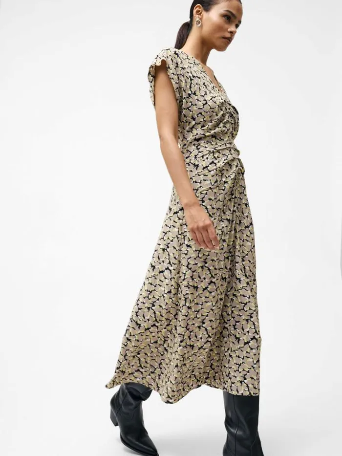 French Connection Lillian Eco Draped Front Midi Dress Golden Olive Khaki Women Dresses