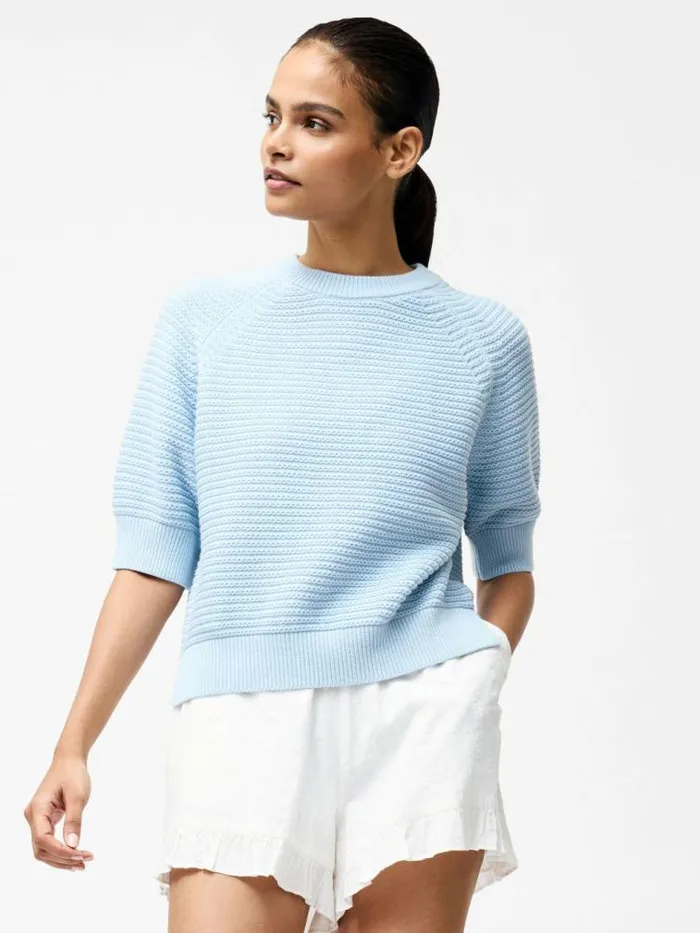 French Connection Lily Crew Neck Short Sleeve Jumper Sky Blue Women Jumpers and Cardigans