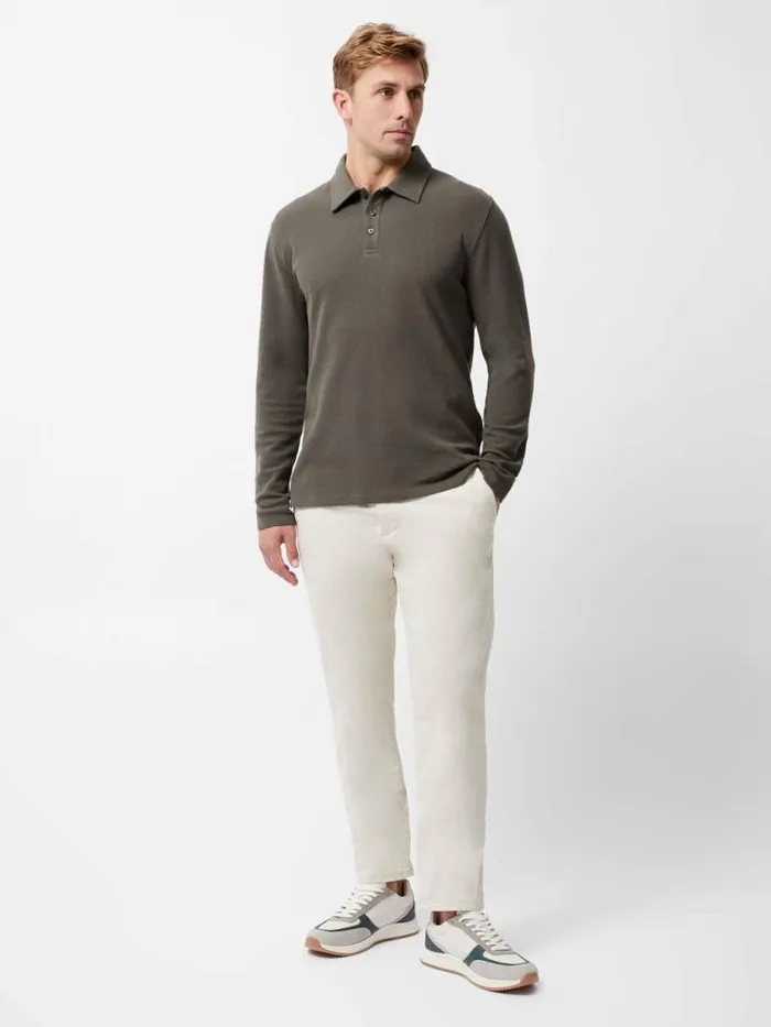 French Connection Long Sleeve Buttoned Polo Shirt Khaki Men TShirts and Polo Shirts