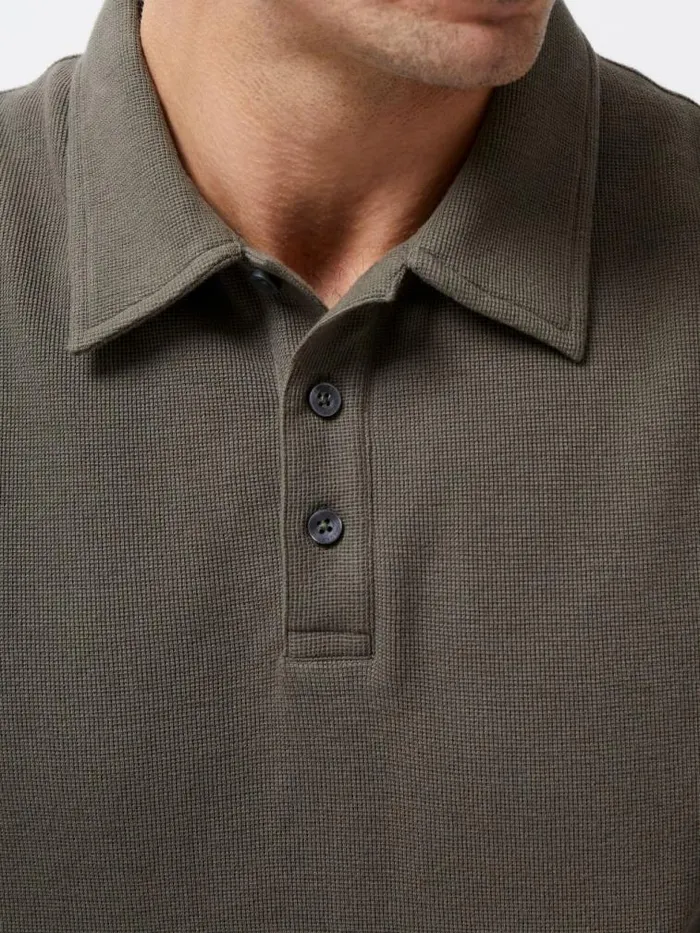 French Connection Long Sleeve Buttoned Polo Shirt Khaki Men TShirts and Polo Shirts