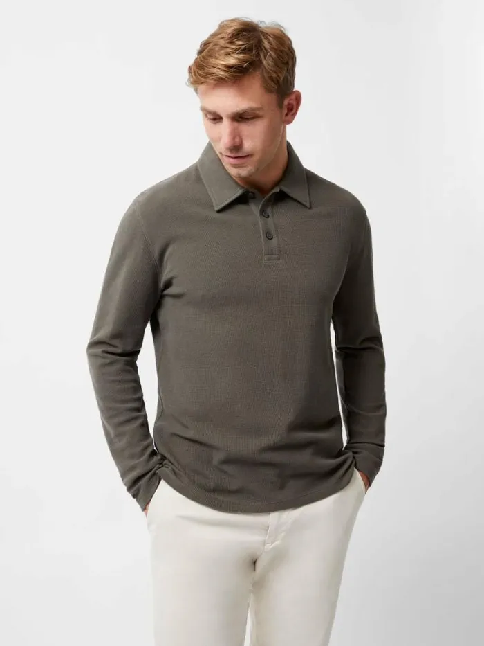 French Connection Long Sleeve Buttoned Polo Shirt Khaki Men TShirts and Polo Shirts