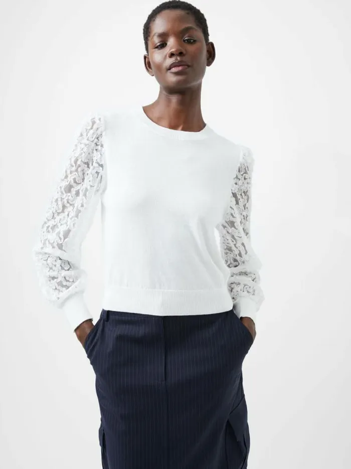 French Connection Luvy Embroidered Mesh Sleeve Jumper Winter White Women Jumpers and Cardigans French Connection Luvy Embroidered Mesh Sleeve Jumper Winter White Women Jumpers and Cardigans