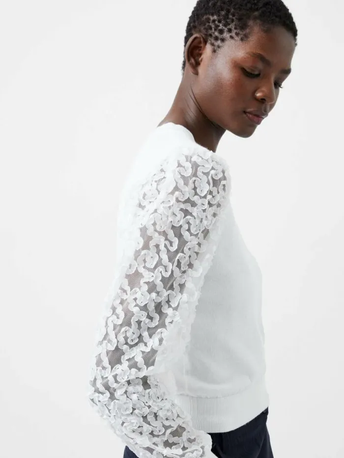 French Connection Luvy Embroidered Mesh Sleeve Jumper Winter White Women Jumpers and Cardigans