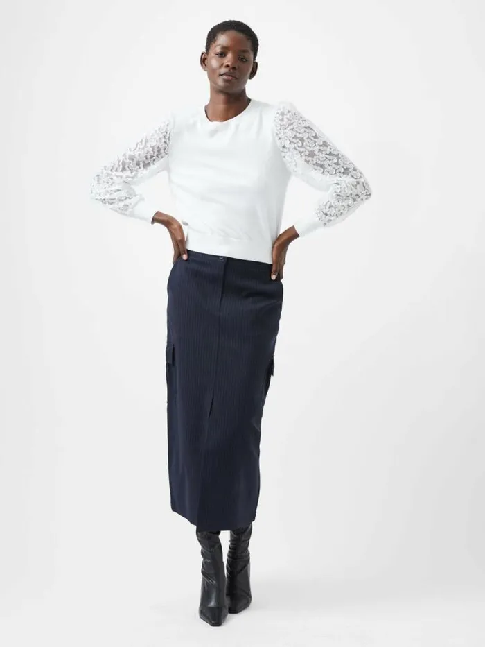 French Connection Luvy Embroidered Mesh Sleeve Jumper Winter White Women Jumpers and Cardigans