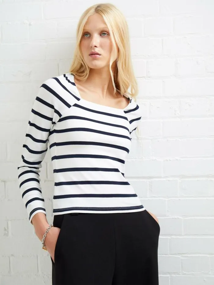 French Connection Rallie Stripe Square Neck Long Sleeve Top Stripe Whitemarine Women Tops