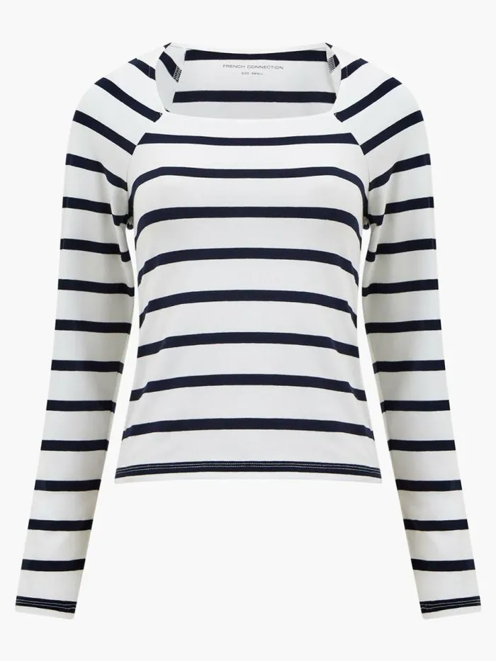 French Connection Rallie Stripe Square Neck Long Sleeve Top Stripe Whitemarine Women Tops