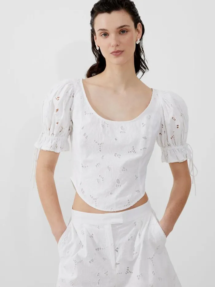 French Connection Rhodes Cotton Embroidered Top Linen White Women Tops