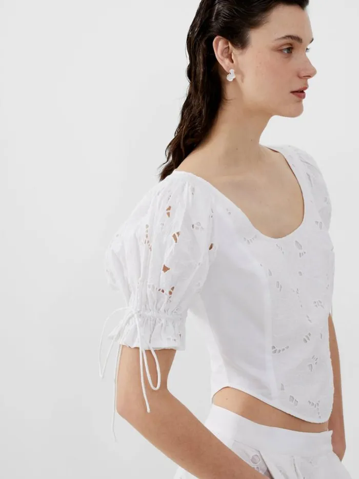 French Connection Rhodes Cotton Embroidered Top Linen White Women Tops