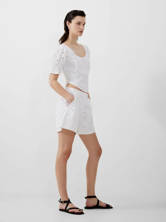 French Connection Rhodes Cotton Embroidered Top Linen White Women Tops