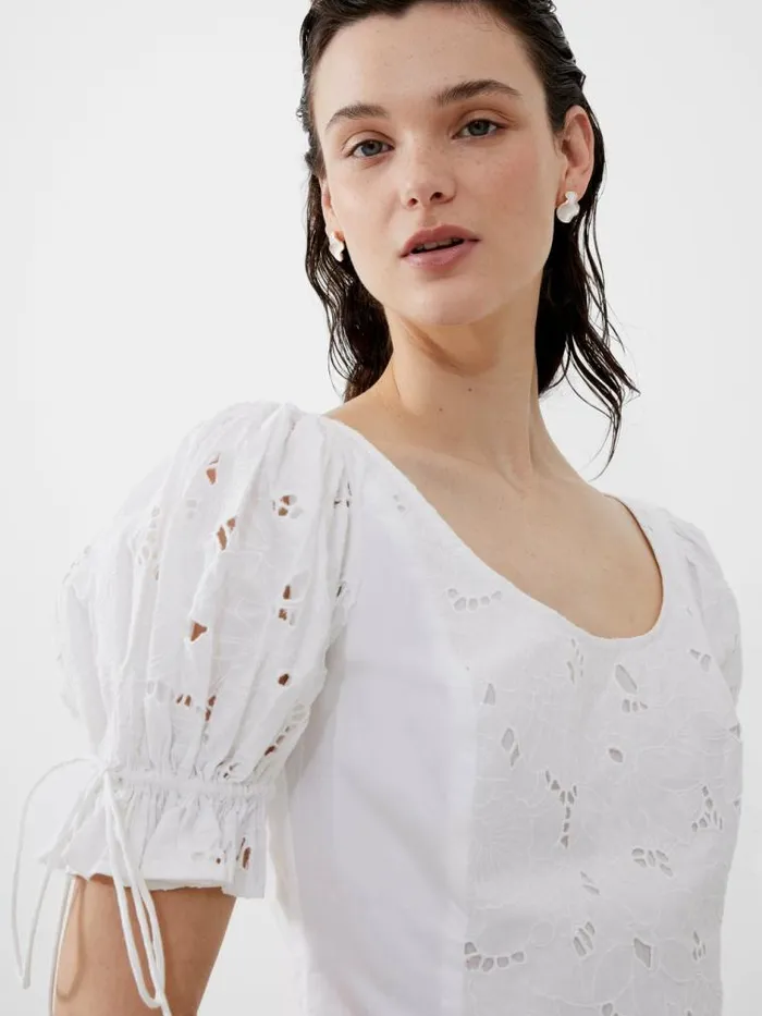 French Connection Rhodes Cotton Embroidered Top Linen White Women Tops