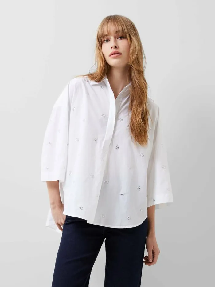 French Connection Rhodes Rhinestone Shirt Linen White Women Tops