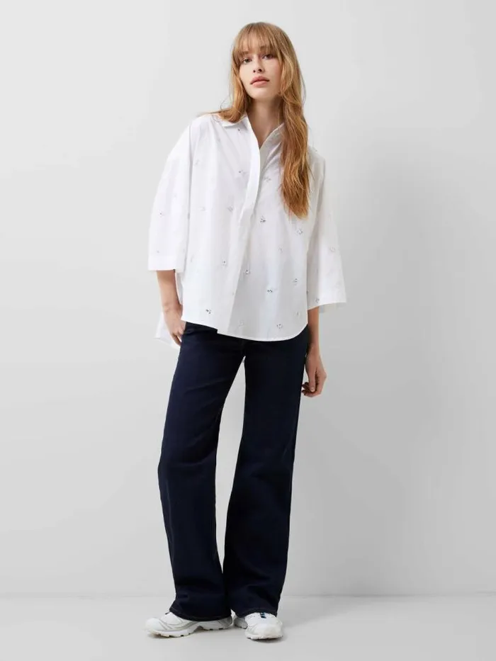 French Connection Rhodes Rhinestone Shirt Linen White Women Tops