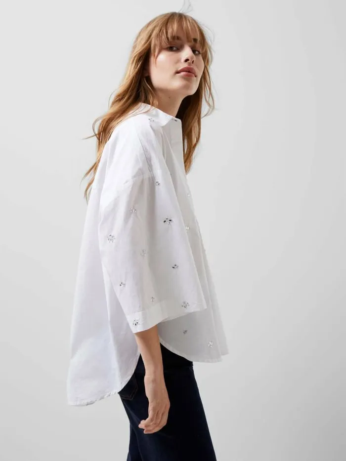 French Connection Rhodes Rhinestone Shirt Linen White Women Tops