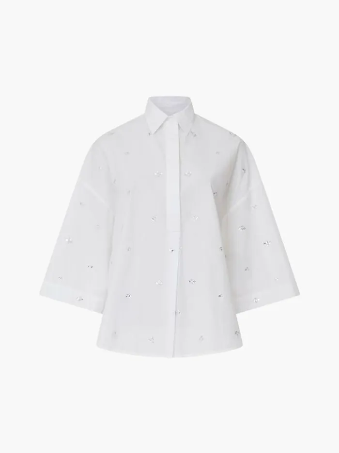 French Connection Rhodes Rhinestone Shirt Linen White Women Tops