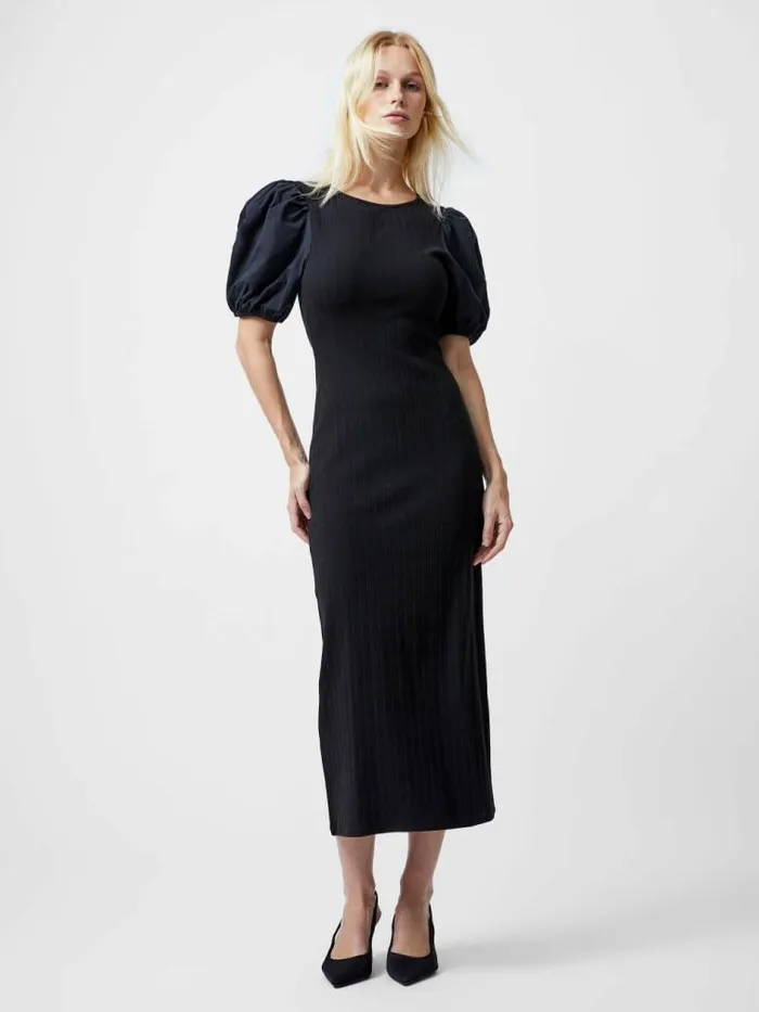 French Connection Sasia Ribbed Puff Sleeve Midi Dress Black Women Dresses