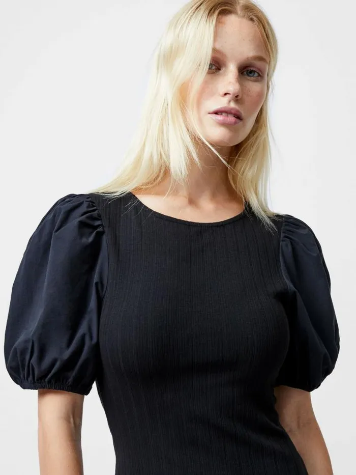 French Connection Sasia Ribbed Puff Sleeve Midi Dress Black Women Dresses