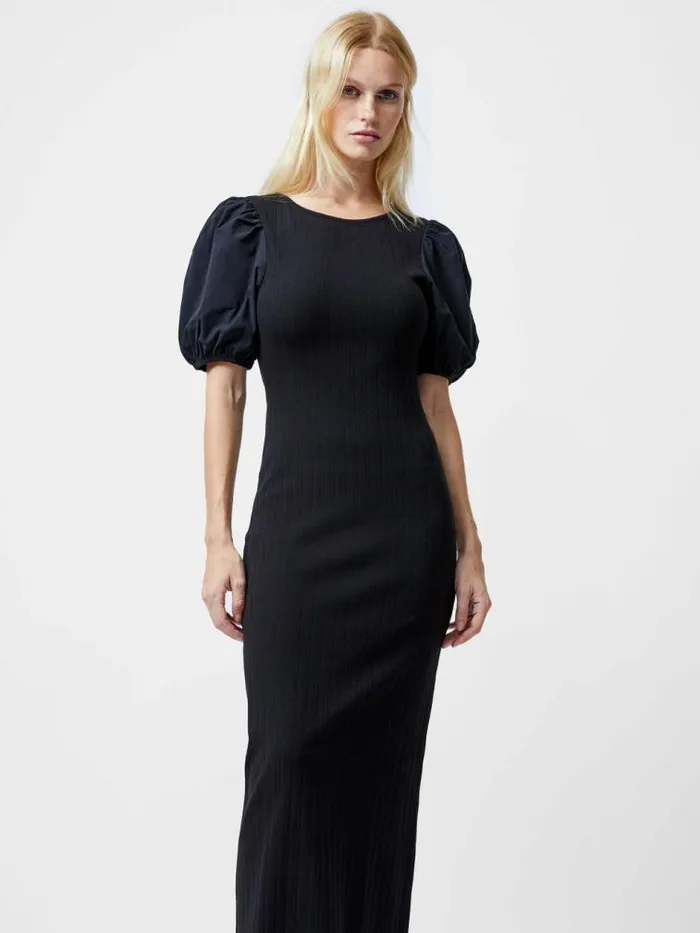 French Connection Sasia Ribbed Puff Sleeve Midi Dress Black Women Dresses