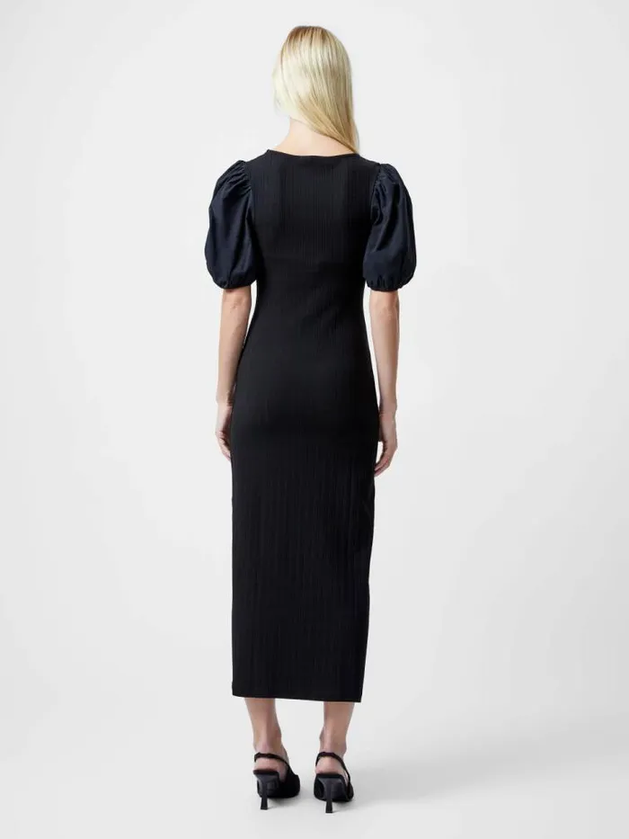 French Connection Sasia Ribbed Puff Sleeve Midi Dress Black Women Dresses