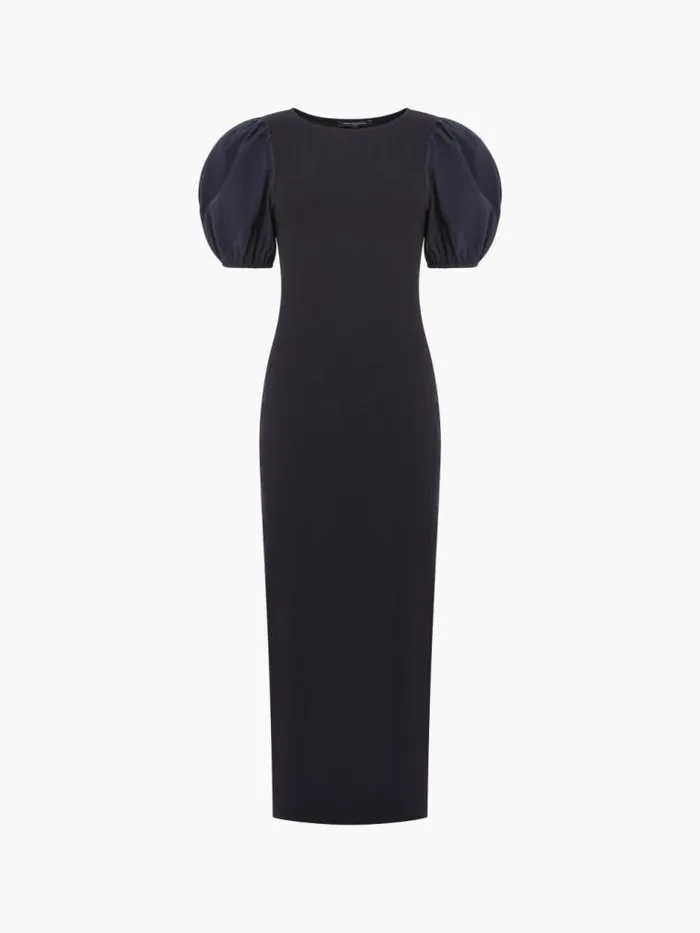 French Connection Sasia Ribbed Puff Sleeve Midi Dress Black Women Dresses