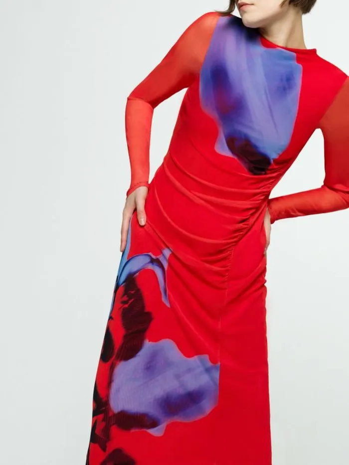 French Connection Smokey Placement Long Sleeve Floral Dress Red Multi Women Dresses