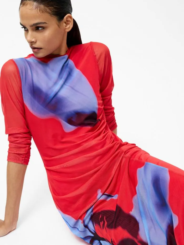 French Connection Smokey Placement Long Sleeve Floral Dress Red Multi Women Dresses