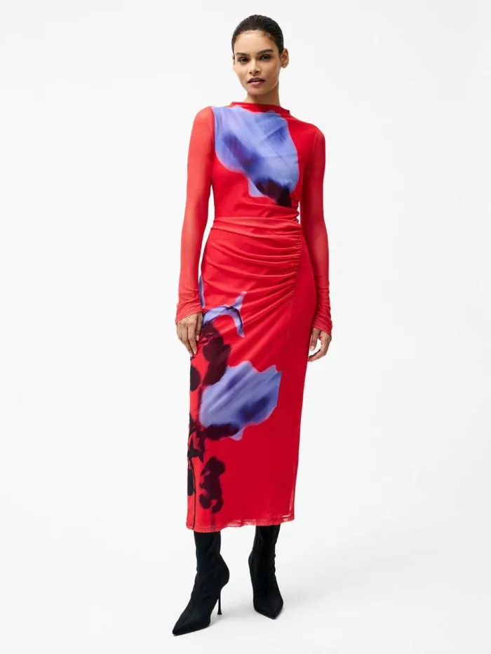 French Connection Smokey Placement Long Sleeve Floral Dress Red Multi Women Dresses