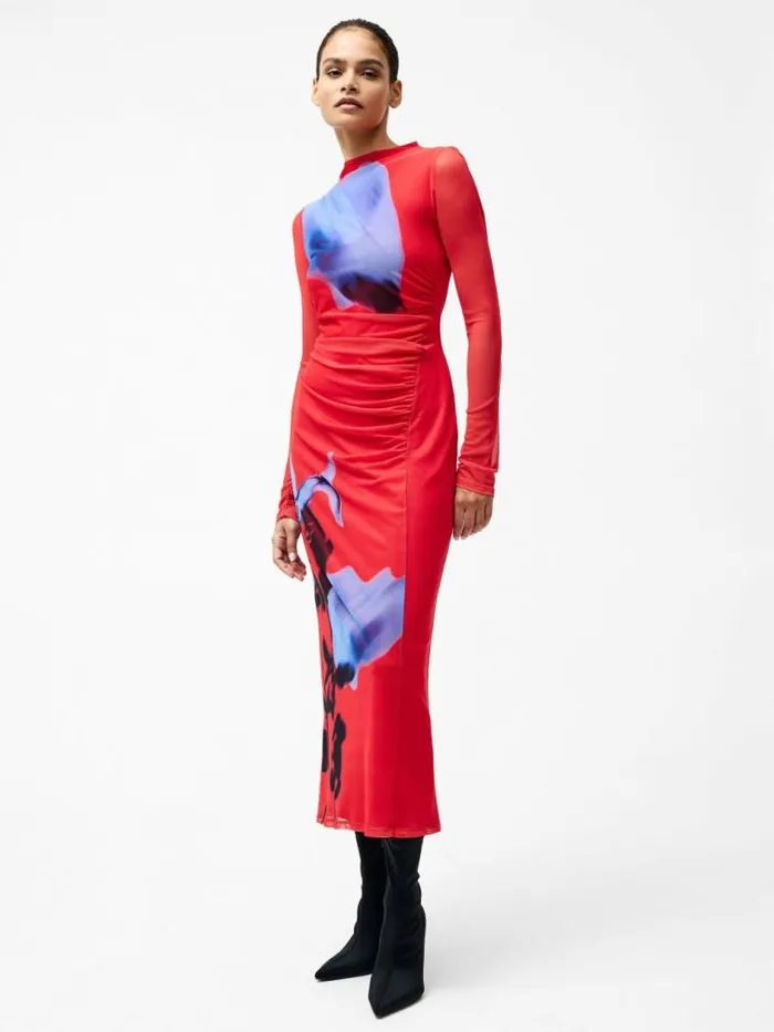 French Connection Smokey Placement Long Sleeve Floral Dress Red Multi Women Dresses