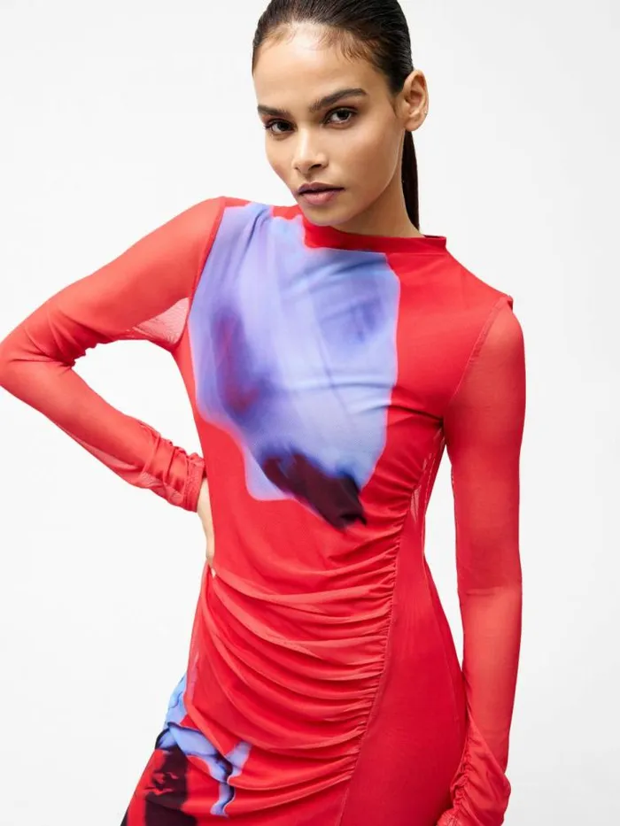 French Connection Smokey Placement Long Sleeve Floral Dress Red Multi Women Dresses