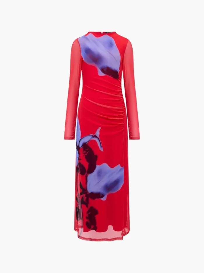French Connection Smokey Placement Long Sleeve Floral Dress Red Multi Women Dresses
