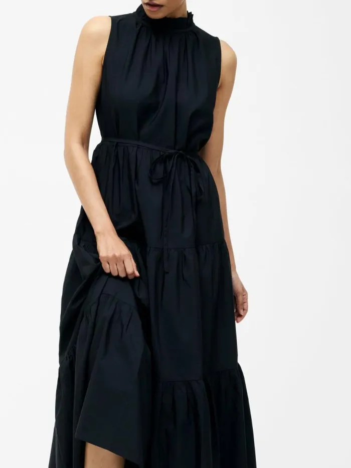 French Connection Tiered Poplin Midi Dress Black Women Dresses