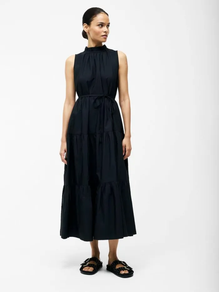 French Connection Tiered Poplin Midi Dress Black Women Dresses